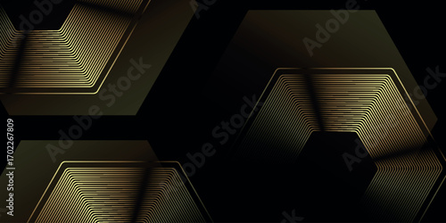 Black background with shiny and luxurious gold hexagonal lines. Abstract background with premium overlapping line decoration. Vektor EPS. 4
