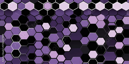 A vibrant, futuristic purple seamless geometric honeycomb pattern with hexagon shapes creates a striking wallpaper vector illustration