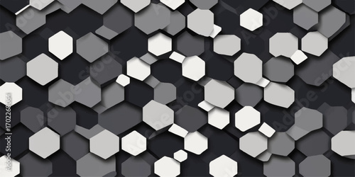 Abstract seamless black and white geometric pattern with repeating cubes in a textured 3D tile design