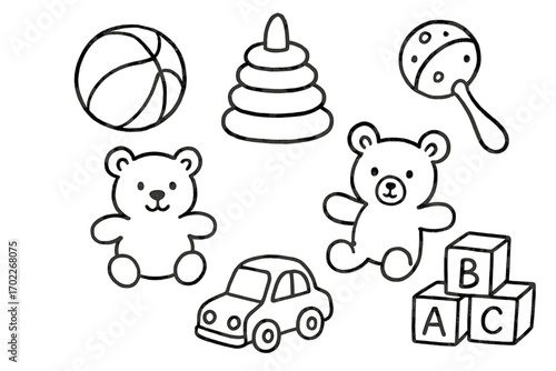 Collection of children's toys including bears, blocks, and cars in black and white line art