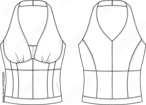 Women’s halter corset top, front and back technical sketch, fashion CAD drawing, detailed flat vector template for garment design