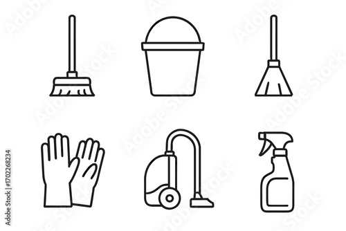 Outline icons of cleaning supplies: broom, bucket, gloves, vacuum, spray bottle