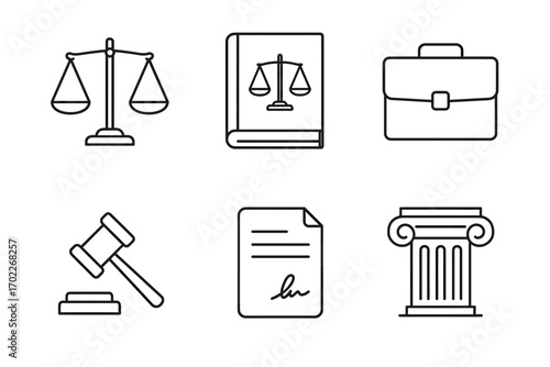 Law and justice icons: scales, book, briefcase, gavel, document, column