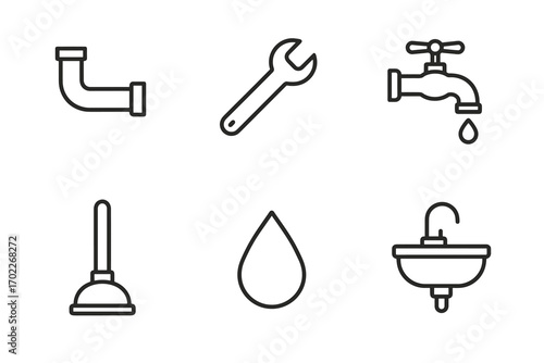 Plumbing tools and symbols: pipe, wrench, faucet, plunger, water drop, sink icons