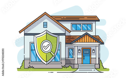 Home Security Shield Illustration with Modern House Design