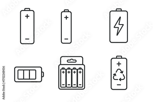Outline icons of battery types including rechargeable and recycling symbols