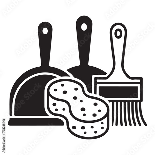 Black silhouette broom and sponge icons
