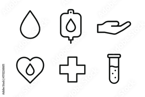 Blood donation icons: drop, bag, hand, heart, cross, and test tube symbols