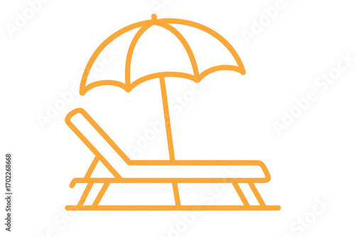 Orange outline beach chair and umbrella icon, isolated on transparent background