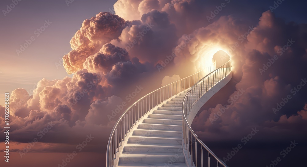 Fototapeta premium Stairway to Heaven: A majestic staircase made of clouds leads up to a divine light in the sky, symbolizing a spiritual journey, hope, success, faith, and the afterlife.