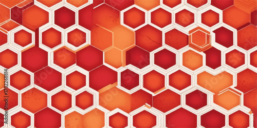 Seamless vector pattern of geometric red hexagonal tiles resembling a honeycomb