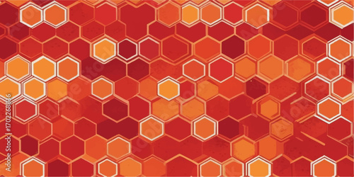 Abstract seamless honeycomb pattern with red hearts and yellow hexagonal vector texture for a bee-themed wallpaper design