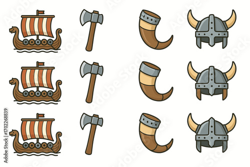 Viking motifs: ships, axes, horns, helmets icon set