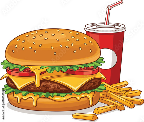Classic Cheeseburger with Fries and Soda Vector