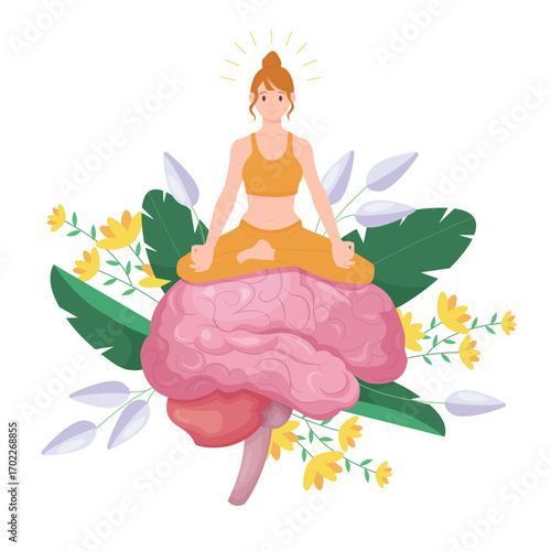 Mental health, wellbeing and spiritual healing of mind with meditation vector illustration. Cartoon tiny young girl sitting in yoga lotus pose on giant brain with blooming garden flowers and leaves