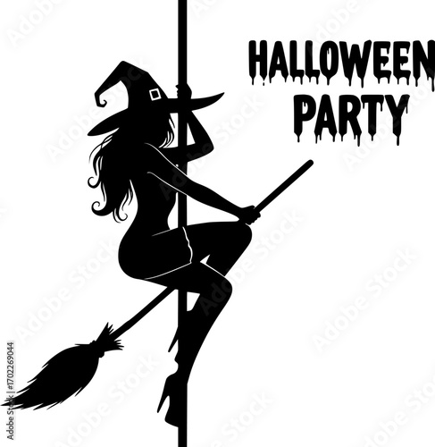 Witch silhouette riding broomstick with halloween party text