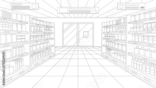 Supermarket or grocery store aisle, perspective sketch of interior vector illustration. Abstract black line retail shop inside, hypermarket shelves full of food products and variety of packages