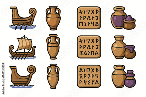 Ancient symbols and artifacts: ships, pottery, and scripts in historical illustration