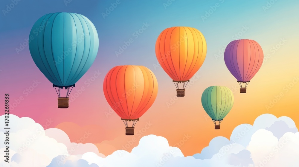 Obraz premium Colorful hot air balloons floating above clouds in a vibrant sunset sky