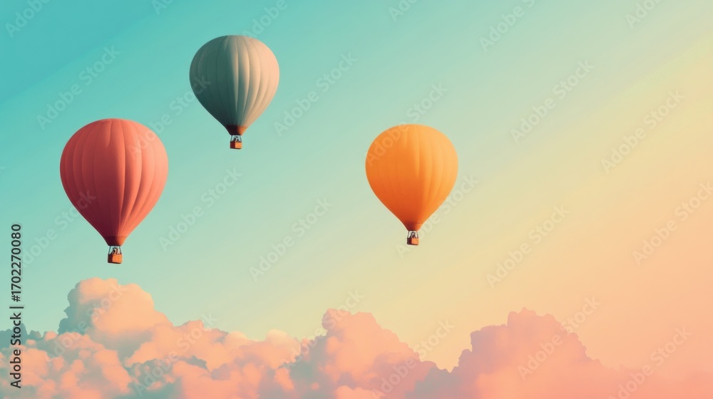 Naklejka premium Colorful hot air balloons soaring above fluffy clouds in a pastel sky