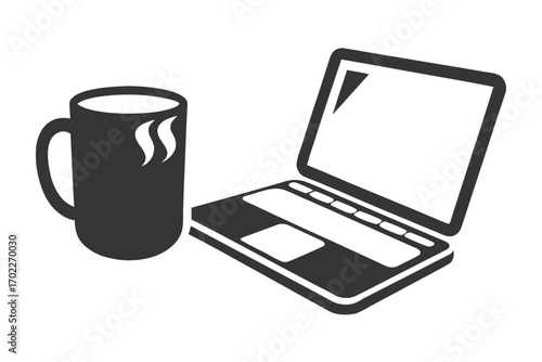 Simple of a Laptop and Coffee Cup on White Background
