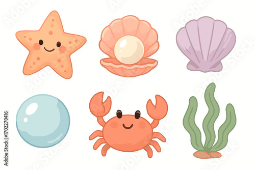 Cute ocean creatures and shells illustrated with starfish, pearl, crab, and seaweed