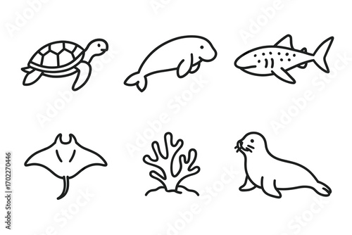 Aquatic animals line art: turtle, manatee, shark, ray, coral, seal icons