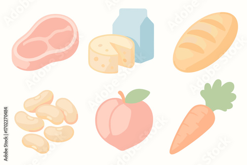 Collection of various food items: meat, cheese, milk, bread, beans, peach, carrot