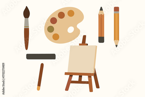 Art supplies set with easel, paintbrush, palette, pencils, and crayons