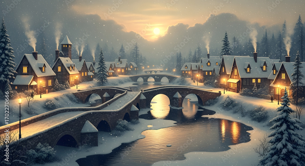 Naklejka premium A serene snow-covered village with glowing lights and stone bridges nestled in a mountain valley at sunset.