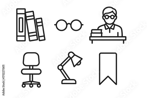 Library study essentials: books, reading glasses, librarian, chair, lamp, bookmark icons