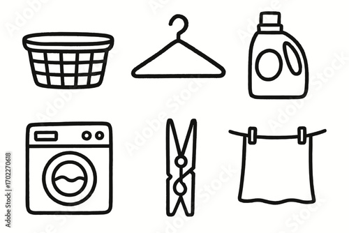 Laundry icons: basket, hanger, detergent, washing machine, clothespin, clothesline symbols