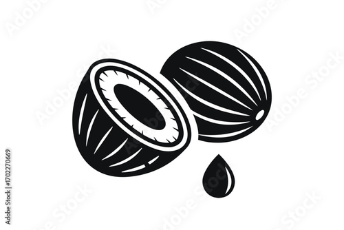 Simple of Split Coconut with Drop on White Background