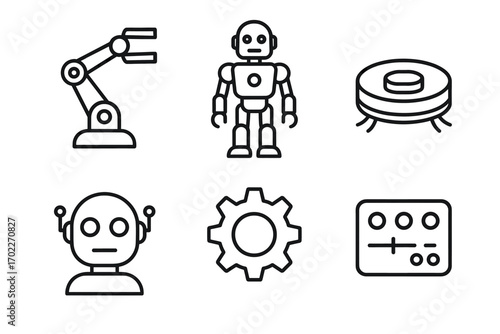 Set of robot and automation icons: arm, robot, vacuum, gear, control panel