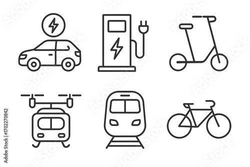 Electric and sustainable transportation icons: car, scooter, charging station, train, bicycle, drone