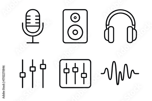 Audio equipment icons: microphone, speaker, headphones, equalizer, sound wave
