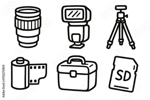 Camera equipment icons: lens, flash, tripod, film, bag, sd card