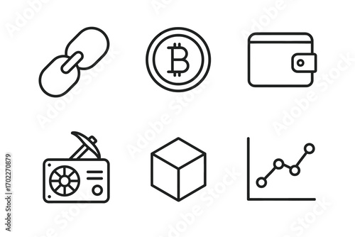 Cryptocurrency symbols: blockchain, bitcoin, wallet, mining, graph