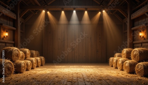 Warm Lighting and Hay Bales on a Rustic Barn Stage Background
