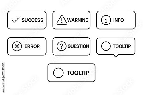 Set of user interface alert icons: success, warning, info, error, question, tooltip
