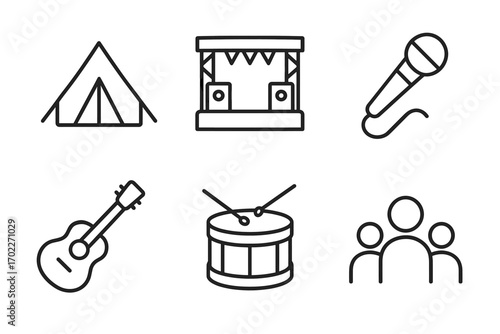 Music festival icons featuring instruments, tent, stage, and microphone