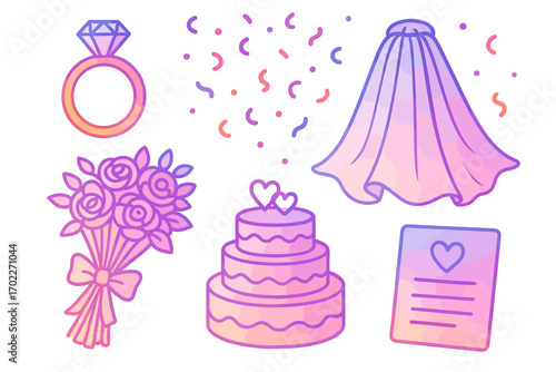 Colorful wedding icons: ring, bouquet, cake, veil, confetti, invitation