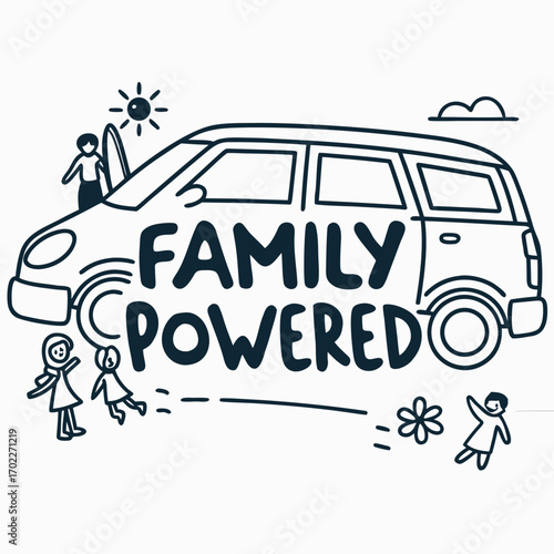 Joyful family driving a modern minivan depicted as a fun sticker design with vibrant colors and clear typography celebrating family adventures and road trips