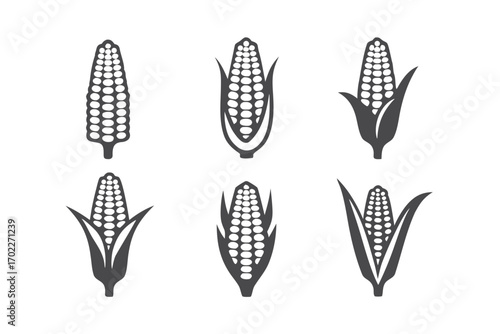 Six Corn Cobs Graphics Isolated on White Background Food Silhouette Set