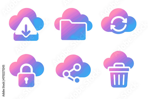 Cloud computing icons: download, folder, sync, lock, share, delete