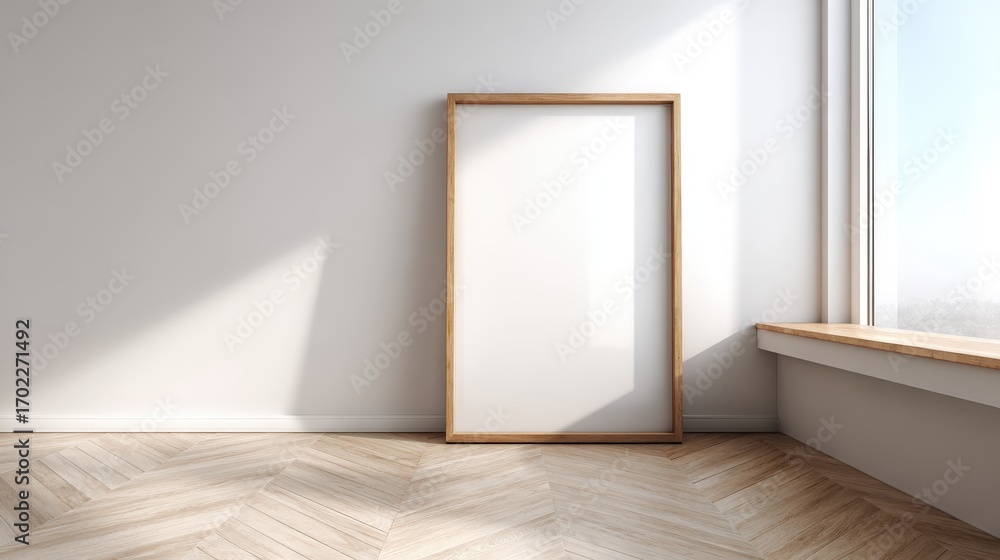 Fototapeta premium Minimalist Interior with Empty Frame, Wooden Floor, and Natural Light for Mockup Display