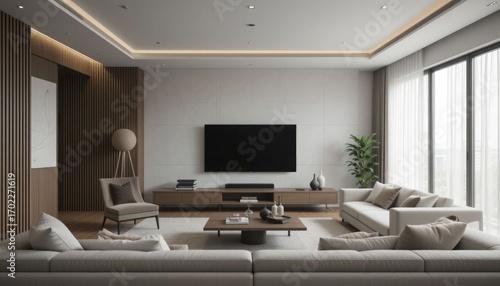 Designing a sleek, neutral, and comfortable minimalist television room for relaxing
