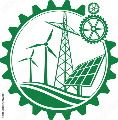 Renewable Energy Icon with Wind Turbines Solar Panels Power Grid