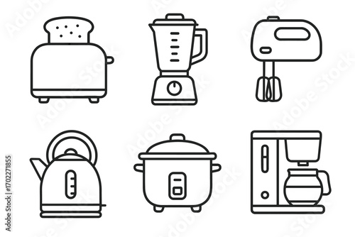 Outline icons of kitchen appliances: toaster, blender, mixer, kettle, rice cooker, coffee maker