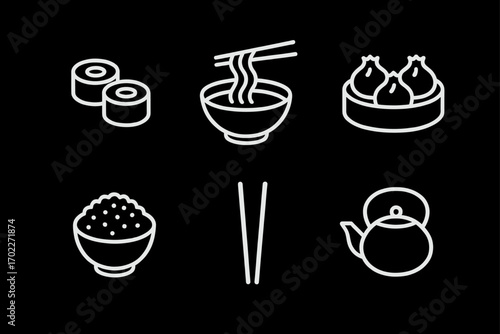 Line art icons of sushi, noodles, dumplings, rice, chopsticks, and teapot on black background